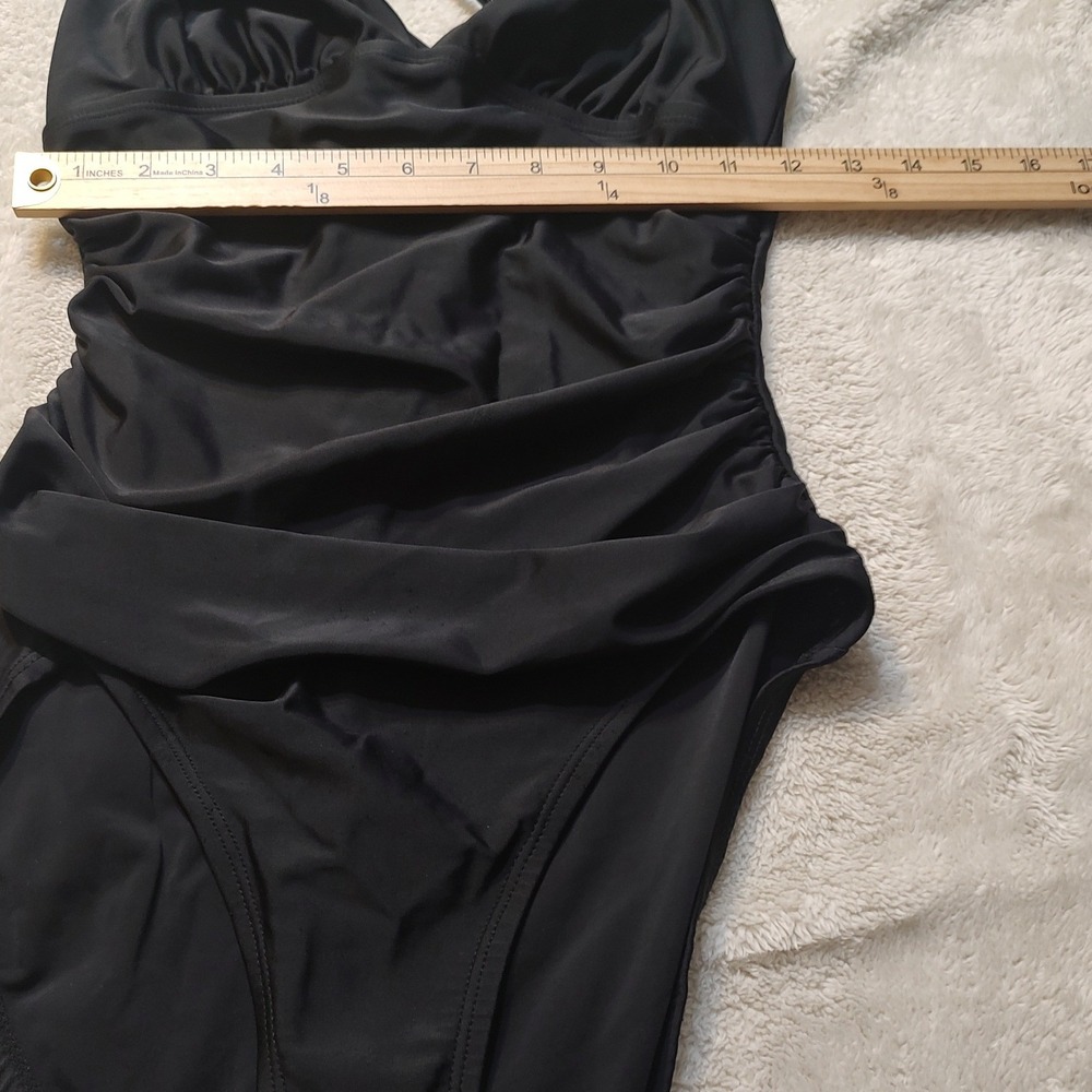 Merona Womens Small Black Ruched One Piece Swimsuit Strappy Back Sweetheart Slim